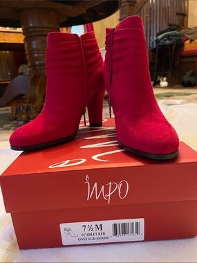 Impo Scarlet Red Suede Ankle Boots with Stacked Heel